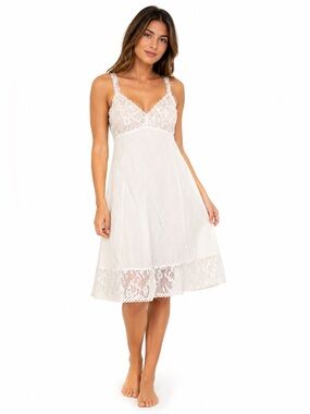70s 80s European Vintage Triumph Silky Lace Accent Midi Slip Dress White EU 40/M
